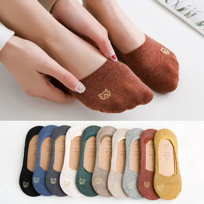 Women's Summer 10-Pair Cotton Boat Socks Pack - Odor-Resistant, Non-Slip Heel, Low-Cut, Invisible, Breathable, Comfortable Owl Embroidery Socks for Day, Casual Wear