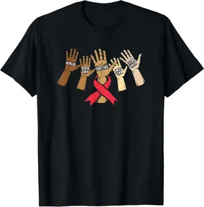 100% Cotton Red Ribbon World Aids Day Hands Support Hiv Awareness Month T-Shirt