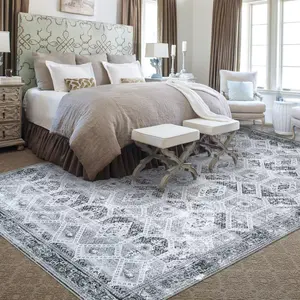 【GARVEE】Grey Area Rugs: Distressed Vintage & Geometric Patterns, Multiple Sizes (2x3 to 9x12), Non-Slip, Low-Pile, Machine Washable, Foldable, Perfect for Living Room, Bedroom, Kitchen, Bathroom, Laundry Room.