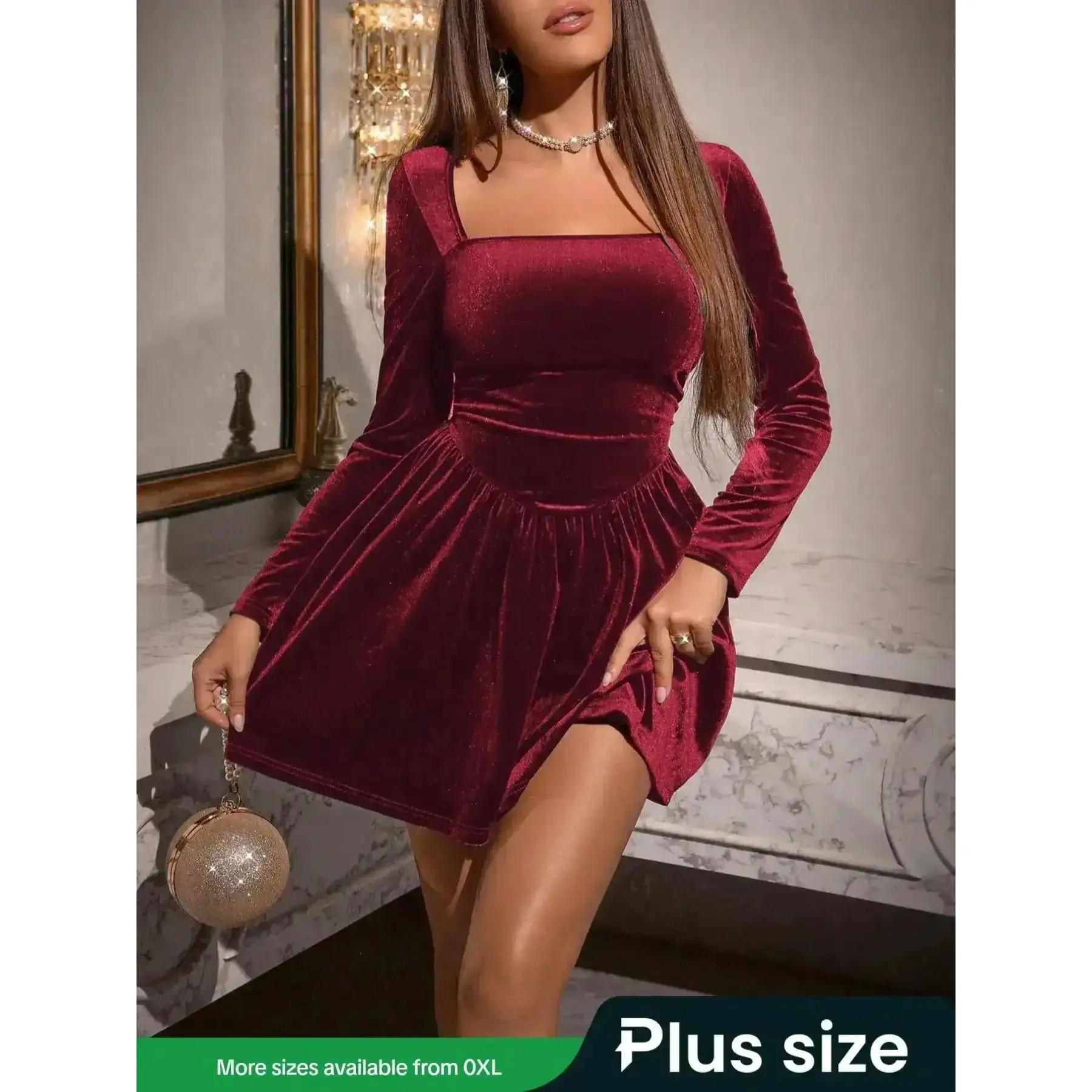 Elegant Long Sleeve Mini Dress, Christmas Party Formal Gown, Velvet Winter Fashion, New Year Holiday, Valentine's Day Dress