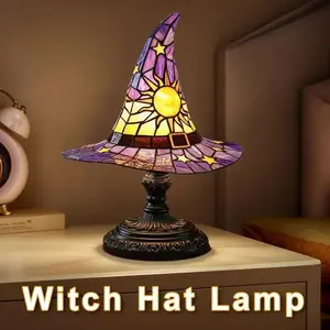 Handmade Gothic Witch Hat Stained Glass LED Lighted Decorative Night Light - Spooky Halloween Decoration, Indoor-Outdoor Witchcraft Home Gift, Lighted Decorative Lights