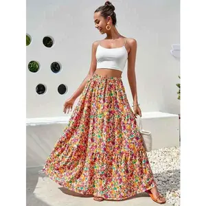 Rainbow Boho Blue Floral Patterned Tiered Maxi Cotton Skirt Womenswear Basic