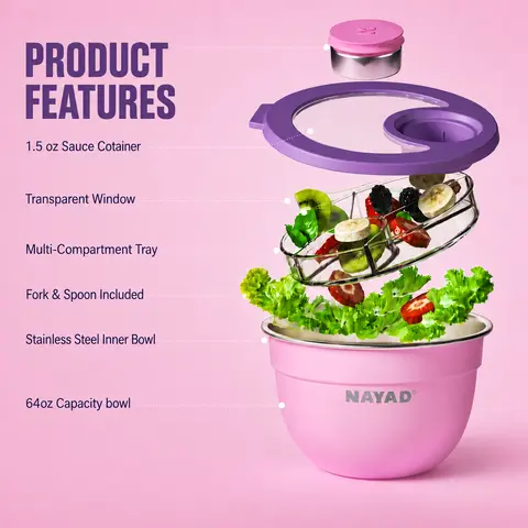 64 oz Stainless Steel Salad Bowl Kit with Leakproof Lid, Removable Multi-Compartment Topping Tray, 1.5 oz Stainless Steel Dressing Container,  Silicone-Cased Utensil Case (Stainless Steel Spoon & Fork) for Meal Prep, Food Storage Bowls