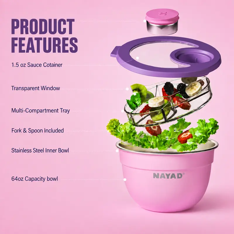 64 oz Stainless Steel Salad Bowl Kit with Leakproof Lid, Removable Multi-Compartment Topping Tray, 1.5 oz Stainless Steel Dressing Container,  Silicone-Cased Utensil Case (Stainless Steel Spoon & Fork) for Meal Prep, Food Storage Bowls