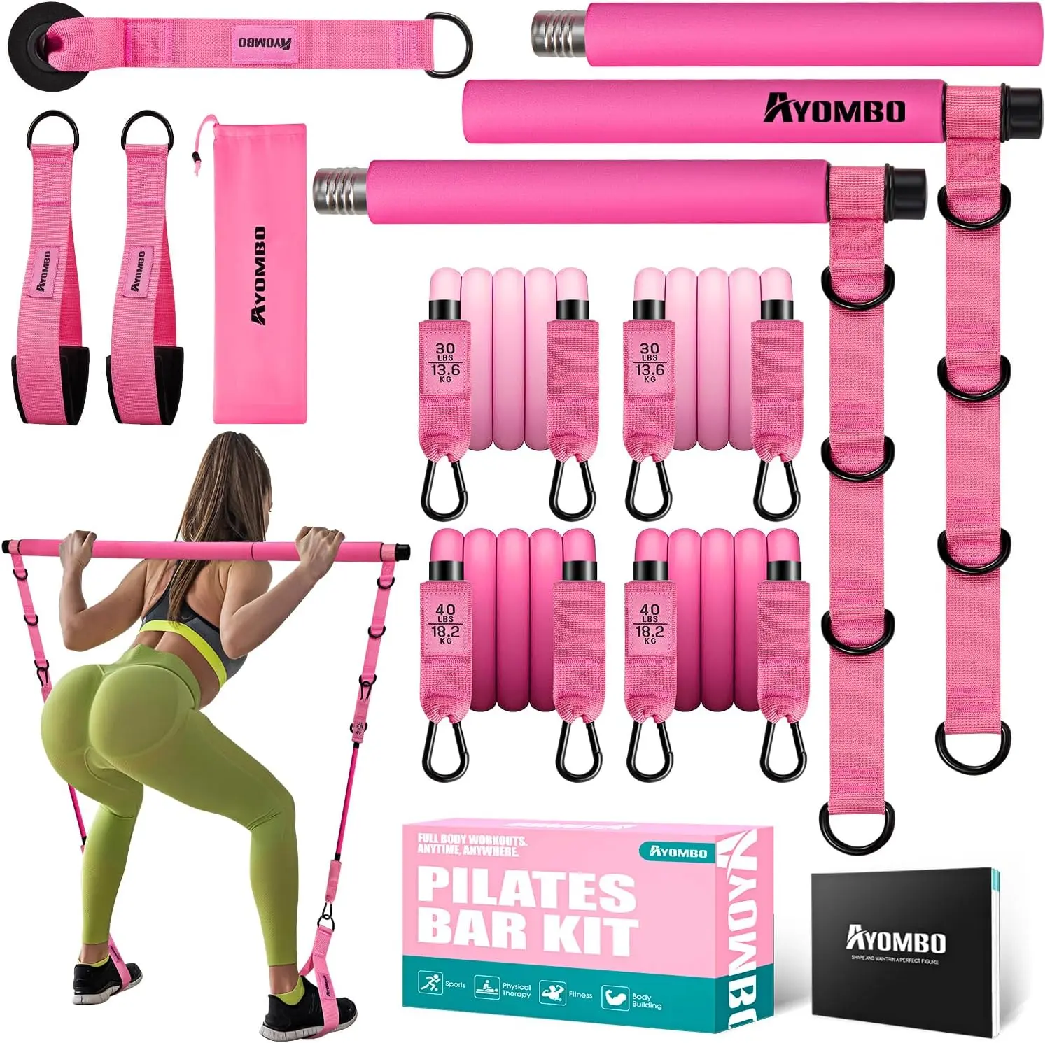 Unisex Adjustable Pilates Bar Kit - 1.2 kg, 37x12x7 Inches, Durable Resistance Bands, Portable Foldable Home Gym Equipment for Adults' Indoor Use, Lightweight Elastic Band Set Included