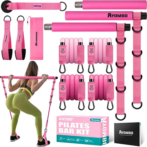 Pilates Bar Kit with Resistance Bands, Upgraded Multifunctional Screw Yoga Pilates Bar with Metal Adjustment Buckle, Portable Home Gym Pilates Bar for Women Full Body Workout Equipment Pink,Best Valentine's Day Gifts for Moms/Girls