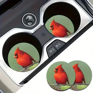 2pcs Car Cup Holder Mats with Bird Design - Northern Cardinal Oil Painting Non-Slip, Red And Green, Perfect for Bird Enthusiasts, Beverage Spill Protection, Car interior accessory, Cup Holder, Durable Cup Mat, Vehicle Organization