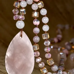 Fashion Waterdrop Crystal Pendant Design Necklace, 108 Beads Handmade Natural Stone Long Necklace, Mother's Day Valentine's Day Gift