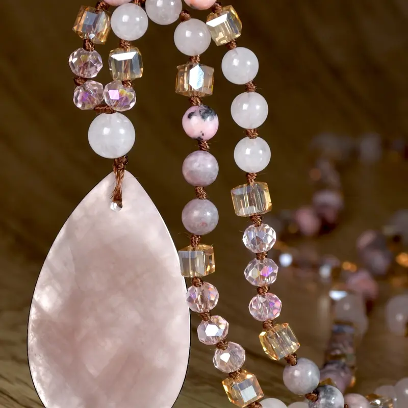 Fashion Waterdrop Boho Chic Unique Crystal Design Pendant Necklace, Fashion Accessory Necklace, 108 Beads Handmade Natural Stone Long Beaded Necklace, Mother's Day Valentine's Day Gift, Natural Crystal Jewelry