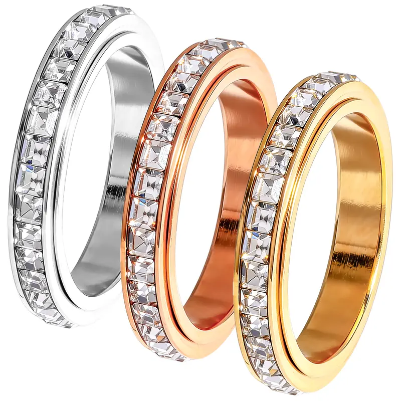 September S 3-Piece Crystal Spinner Ring Set for Women, Gold Silver Rose Gold Stackable Band Rings, Anxiety Fidget Rings for Daily Wear,Stackable Jewelry Gift for Women  Valentine’s Day gift