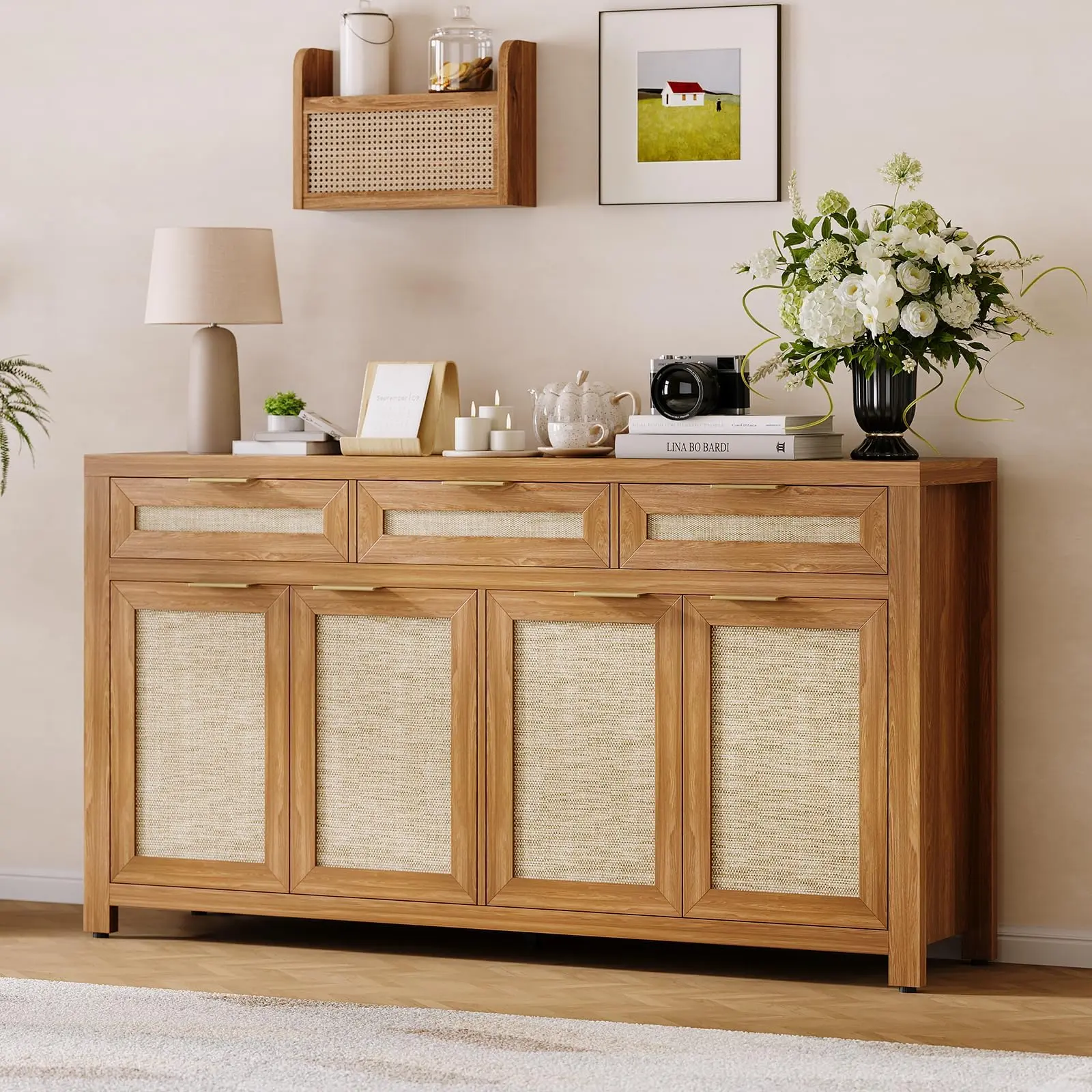 Farmhouse Rattan Sideboard Buffet Cabinet – 63" with 3 Drawers, 4 Doors, Adjustable Shelves – Deep Oak Storage Credenza for Dining Room, Kitchen, Entryway – Dark Oak
