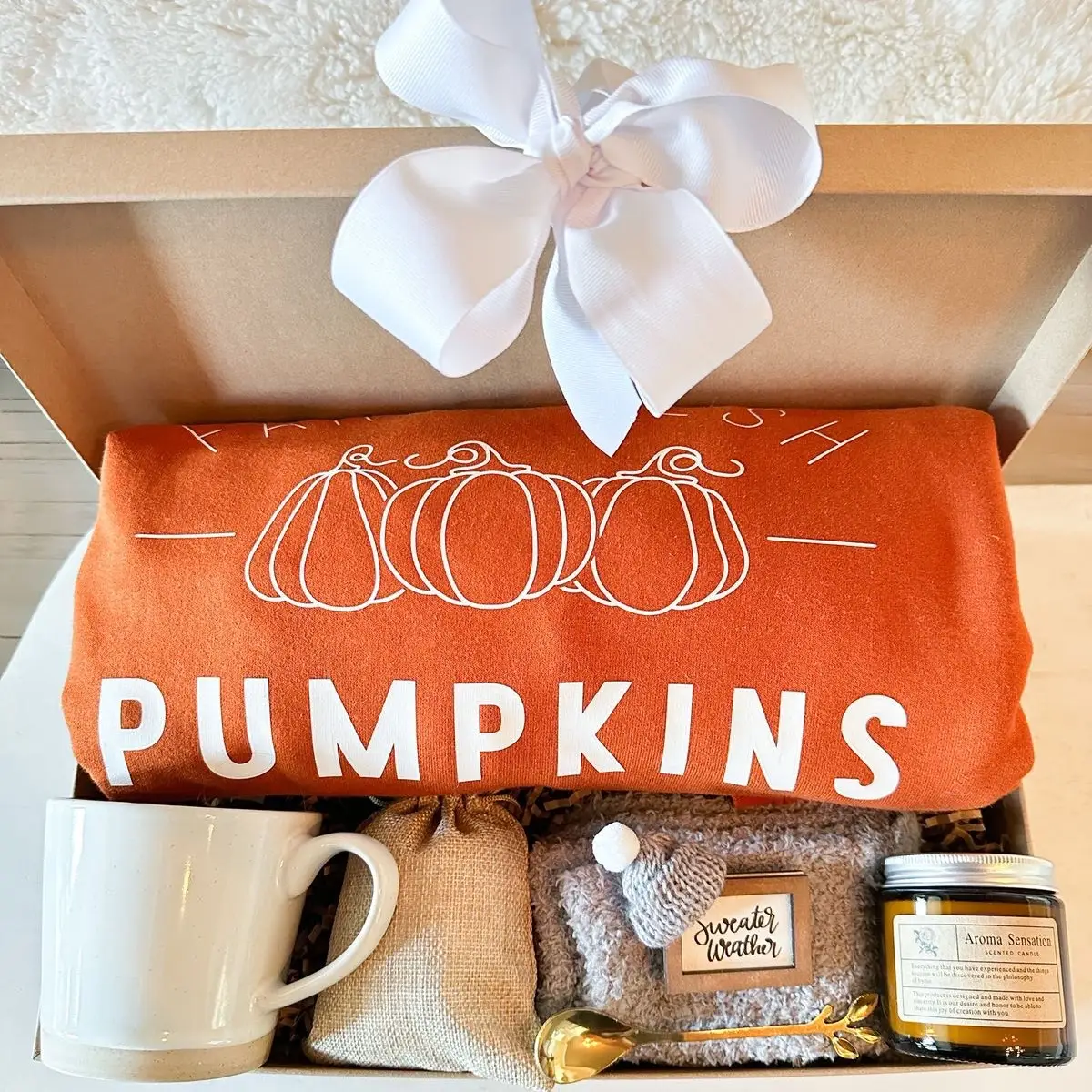 Fall Gift Box Pumpkin Sweatshirt Orange Fall Sweatshirt Gift for Her Fall Gift Basket Halloween Girlfriend Gift Cozy Mug Candle Gift Autumn Gift Box S
