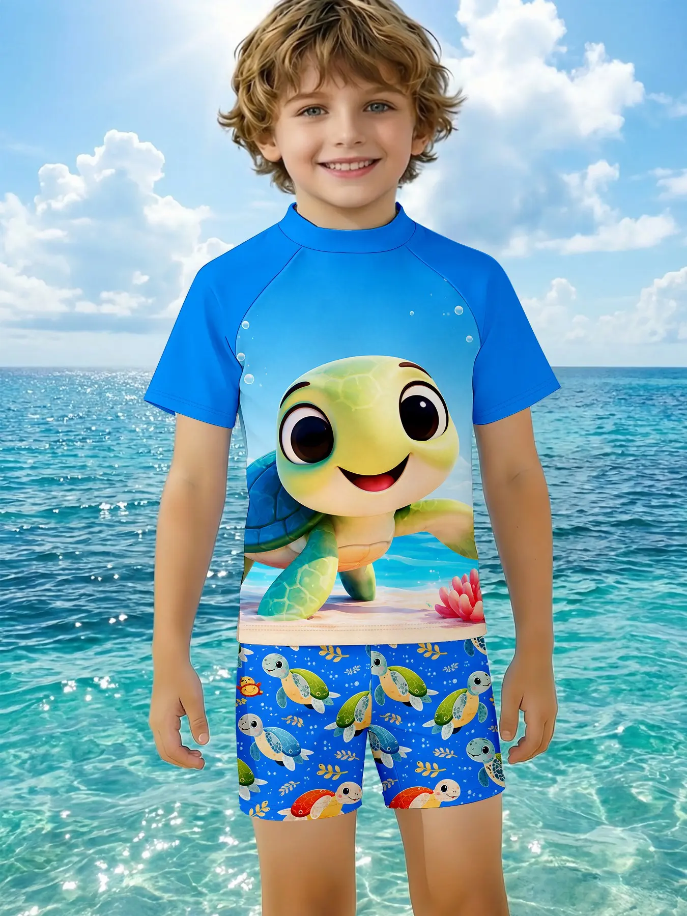 3D Cute Turtle Two-Piece Swimsuit, Swim Set, Boys' Quick-Dry Summer Swimwear, Fitted Casual Bathing Suit, Swimwear Shorts, Swimsuits with Shorts, Birthday Gift Recommendation!