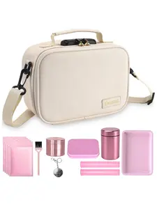 Gosstek PU Leather Lockable Storage Bag with 9 PCS Accessories, Portable Odor Resistant Organizer Case with Combination Lock, Multi-Purpose Secure Container for Home & Travel, Beige, 9" x 6" x 4"