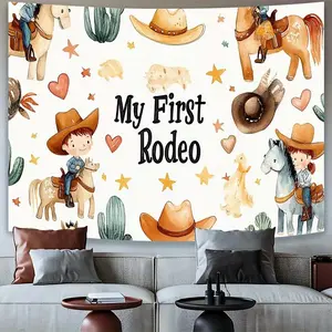 1pc Western Cowboy Party Banner - "My First Rodeo" Themed Decoration with Cowboy & Cowgirl Cutouts, Cacti, and Stars - Perfect for Birthdays, Anniversaries, Weddings, and Outdoor Celebrations - Durable Polyester Material, No Power Needed Ornaments White