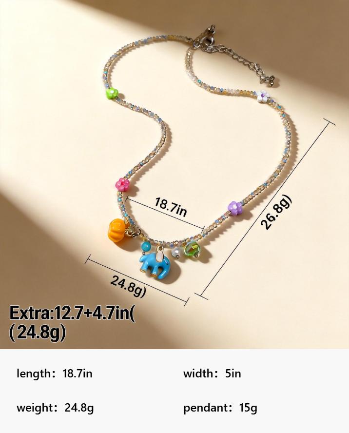 Hypoallergenic Cute Blue Elephant Pumpkin Pendant Necklace, Colorful Beaded Flower Choker for Girls, Sweet Gift for Daughter, Niece, Best Friend, Ideal for Summer, Holiday, Party & Everyday Wear