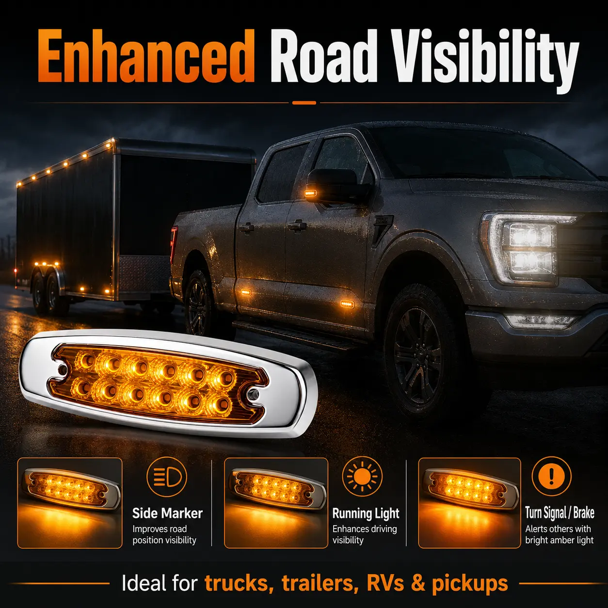 12 LED Side Marker Light, 4 Colors Available, DC 12–24V IP67 Waterproof Steady/Strobe Marker Lamp for Trucks, Trailers, RVs & Pickups