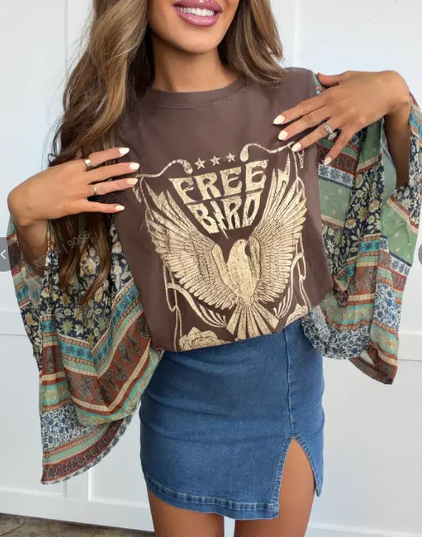Women's Vintage Free Bird Graphic Polyester Quick Dry Round Neck Boho Patchwork Batwing Sleeve Floral Print Color Block Loose-Fit Western Blouse - Western Clothes, Boho Clothes for Women, Casual Top for Country Concert Fall Outfits