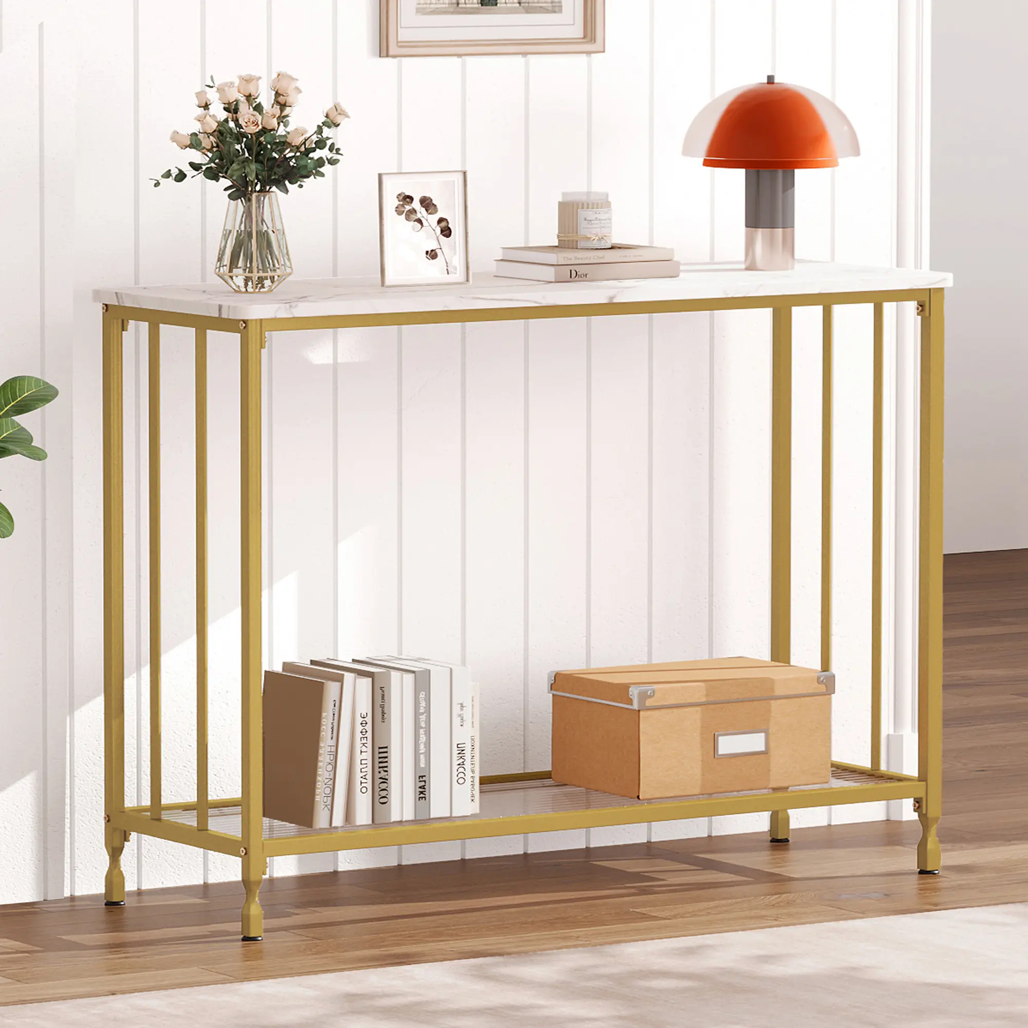 Slim 2-Tier Console Table for Entryway or Living Room – Modern Industrial Sofa Side Table with Engineered Wood Shelf, Metal Frame – Long Narrow Table for Behind Couch, Foyer, Bedroom, 41.5 Inch Rectangular Tabletop