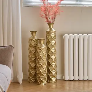 ARCH Semi-Handmade Metal Floor Vase Set of 3, Gold-Plated Geometric Diamond Pattern Vases, 33.5/29.5/25.2 Inch Large Decorative Vases for Living Room, Entryway, Office Decor (4.72in Top, 5.91in Base)