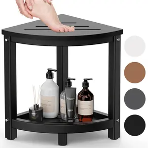 Shower Stool - Corner Bench Seat with HDPE  Shaving , Baffle Storage Shelf, Indoor/Outdoor Use, Black