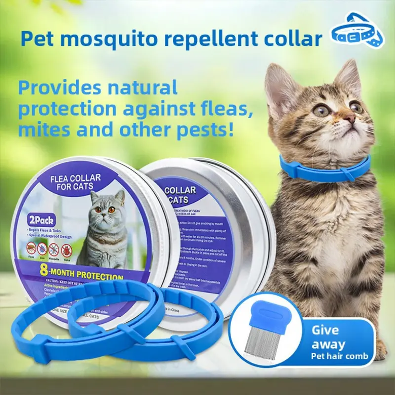 Natural Cat Flea Collar, 2 Pack with Comb and Liquid Drops, Plant-Based Essential Oil Repellent for Tick Prevention, Safe Adjustable Collar for All Cats