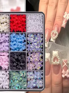 12 Grids 3D Bow & Flatback Pearl Nail Charms Set, 12 Colors Shiny Bow Nail Jewels, DIY Nail Art Decorations with Pickup Tools for Women All Seasons