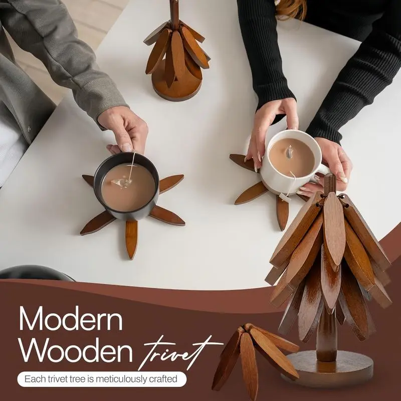 Natural Wood Table Mat Set, 4 Wooden Mats + 1 Base, Heat Resistant Foldable Design, Durable Real Wood Material, Ideal for Hot Dishes