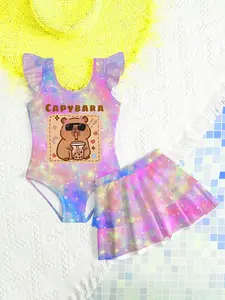 Girls' Cute Cartoon Capybara Print Swimsuit Set, Soft Comfortable Fabric, Perfect for Beach Vacation, 2-Piece for Kids