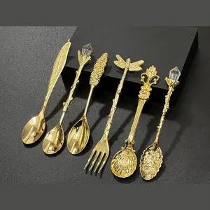 [6count Spoon/Fork Set] Most Exquisite 6count Small Spoon/Fork Set Vintage Golden Teaspoon Fruit Fork Cup Stirring Coffee Spoon