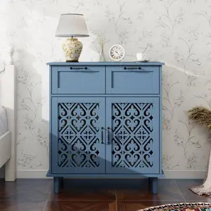 SZLIZCCC Blue Metal Handles 2 Door 2 Drawer Cabinet with Carved Symmetrical Pattern Solid Wood Feet for Bedroom Living Room Study Functional Storage