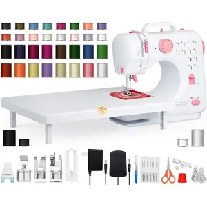 Small Portable Sewing Machine for Beginners, Easy-to-Use Electric Sewing Machine with 12 Built-In Stitches, Reverse Stitching, LED Light, Extension Table, 32-Color Thread Kit for  and Adults