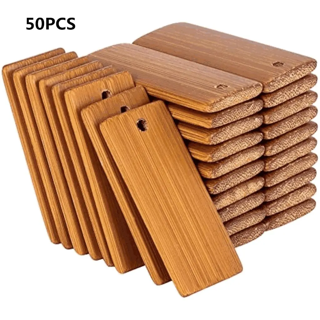 50pcs Bamboo Blank Label, Rectangular Keychain Ring Label, DIY Craft Decoration, Gifts Supplies, Office Stationery For Home And School, Personalized Labels, Includes Labels