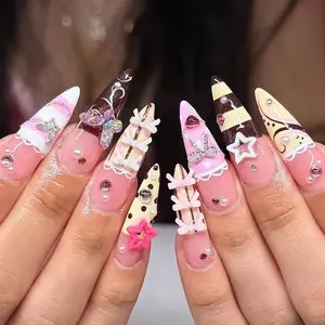 Handmade Pink and Brown Coquette Press On Nails, 3D Star Butterfly Nail Art