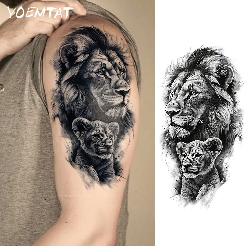 Waterproof Temporary Tattoo Sticker Black Realistic Animal Lion Family Son And Father Pattern Body Art Arm Fake Tattoos Sleeve For Women Men Hands Shoulders Waist Abdomen Chest Legs Ankles Temporary Tattoos Stickers