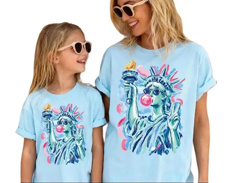 Youth and Adult Preppy Statue of Liberty Blowing Bubble Gum Youth & Adult Shirt, 4th of July Gift Holiday Wear, Family Matching Outfit