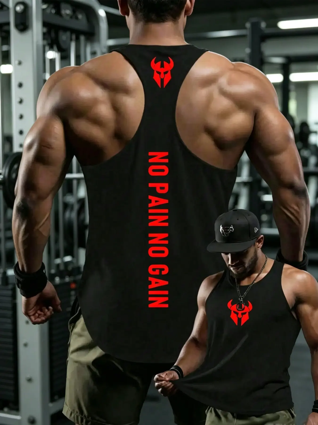 Men’s Gym Tank Top "NO PAIN NO GAIN" Print, Breathable Y-Back Workout Shirt, Activewear Tank Top, Spartan Warrior Graphic, Athleisure Streetwear for Bodybuilding, Training, Urban Casual Activities, Ultra-Soft Slim Fit Gym Wear