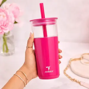 REDUCE Aspen 20 Oz Vacuum Insulated Glass Tumbler with Lid & Extra Wide Straw - Keeps Drinks Cold for 12 Hrs - Ideal for Iced Coffee, Smoothies & Boba - Dishwasher Safe, Soft Base - Dragonfruit