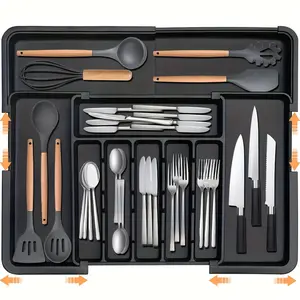 Kitchen Drawer Utensil Organizer, Expandable Cooking Utensil Tray, Black Expandable Kitchen Utensil Drawer Storage Box with 9 Compartments, Utensil Storage Tray, Kitchen Gadgets Organizer