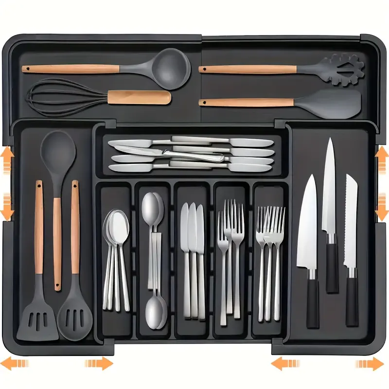 Kitchen Drawer Utensil Organizer, Expandable Cooking Utensil Tray, Black Expandable Kitchen Utensil Drawer Storage Box with 9 Compartments, Divided Storage, Utensil Storage Tray