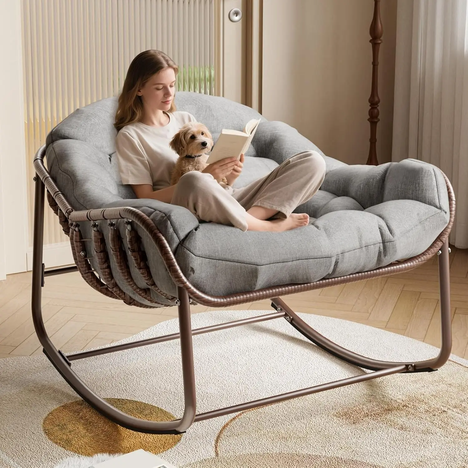 Outdoor Papasan Rocking Chair, Oversized Wicker Lounge Chair with Cushion and Metal Frame, Patio Rattan Egg Rocker for Balcony Backyard Porch Bedroom