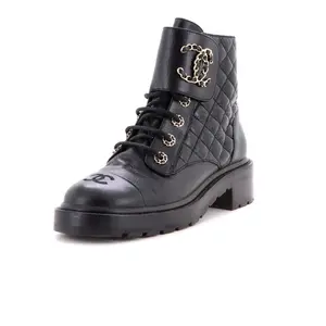 Pre-owned Chanel Women's Chain CC Cap Toe Lace Up Combat Boots Quilted Shiny Calfskin by Rebag