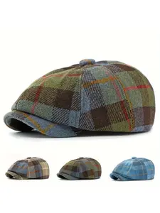 Vintage Checkered News Hat for Men And Women - Retro British Casual Style Octagonal Cap - Painter&Apos;S Beret