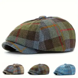 Vintage Checkered News Hat for Men And Women - Retro British Style Octagonal Cap - Painter&Apos;S Beret