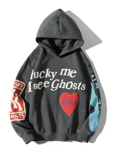 Women's Letter & Heart Print Drop Shoulder Hoodie, Fashion Casual Long Sleeve Hooded Sweatshirt for Daily Holiday Outdoor Wear, Ladies Clothes for Fall & Winter, Graphic Print Hoodie