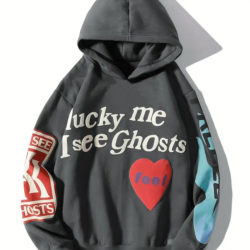 Women's Letter & Heart Print Drop Shoulder Hoodie, Fashion Casual Long Sleeve Hooded Sweatshirt for Daily Holiday Outdoor Wear, Ladies Clothes for Fall & Winter, Graphic Print Hoodie, Graphic Hoodies