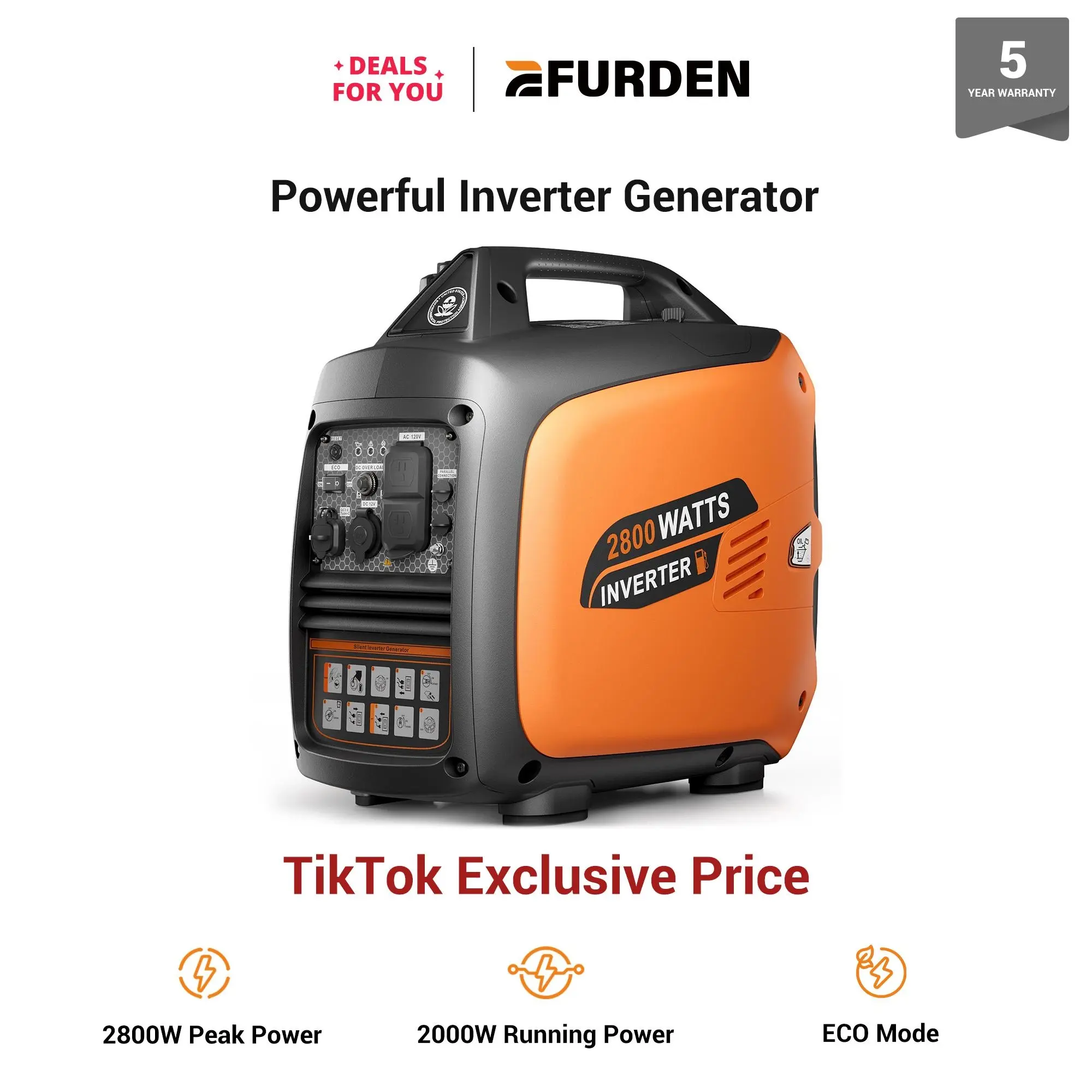Efurden 2800-Watts Portable Inverter Generator, Gas Generators for Home Use, Camping, Super Quiet Emergency Home Backup, with Fuel Shut Off, 1.1Gal Fuel Tank, 39Lbs, EPA Compliant