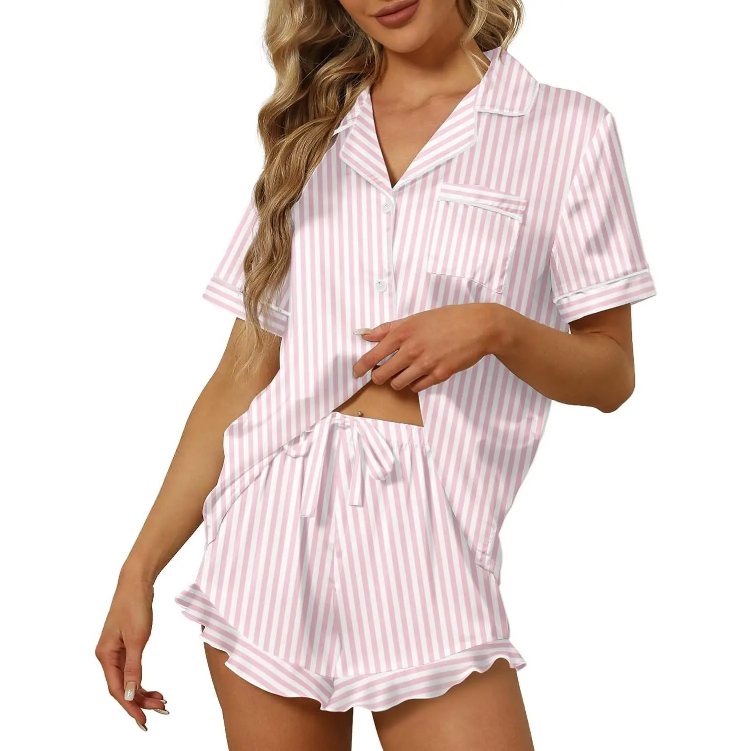 Women's Cute Pajama Set, 2-Piece Satin Silk Ruffle Sleepwear with Notch Collar, Button Down Short Sleeve Top and Shorts Loungewear, Cute Pajamas