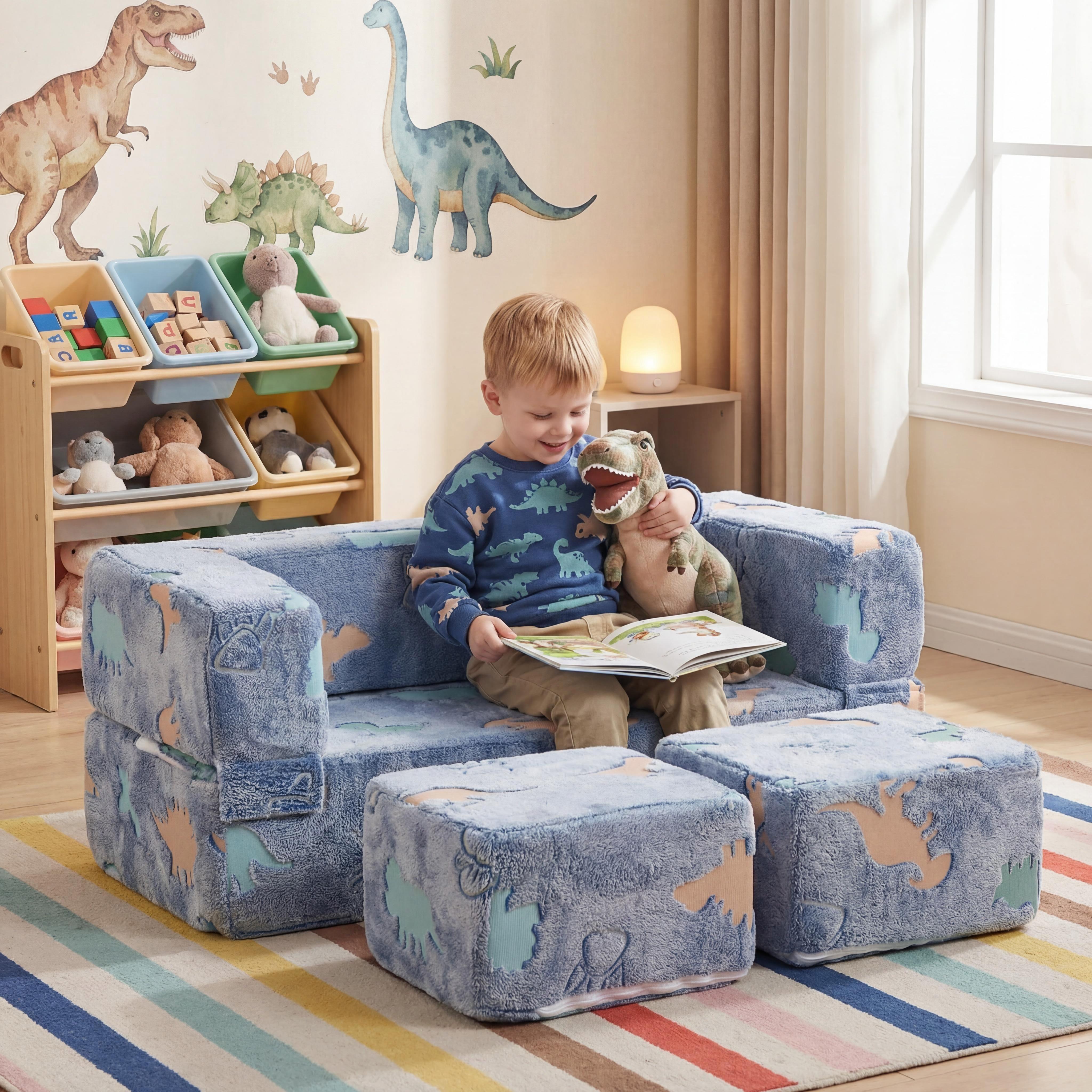 Blue dinosaur, a child-friendly sofa for babies, a large folding sofa bed, easy to assemble and clean, suitable for living rooms and bedrooms. It can be transformed into a bed, making it a perfect  birthday gift for both girls and boys