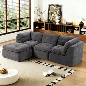 Niccae Modern Cloud-style Living Room Sofa, Deep Seat Convertible L-shaped Frame-free Sofa (with Ottoman), Oversized Comfortable 4-seater Chenille Fabric Compressed Sofa, Modular Sectional Sofa